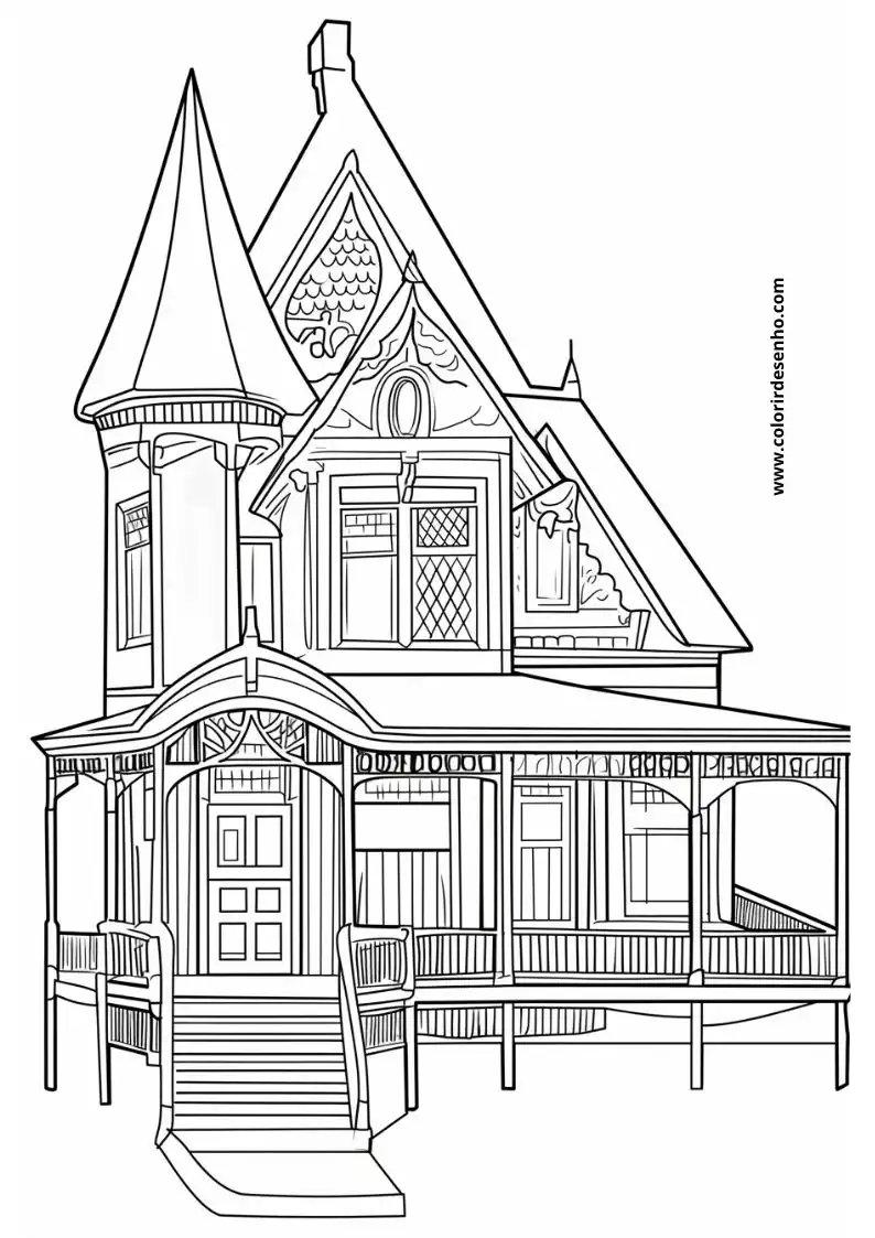 house has ornate architectural details with pointed roof and turret surrounded by decorative elements