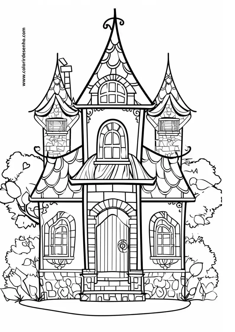 house has two towers and a pointed roof house stands on grass with trees