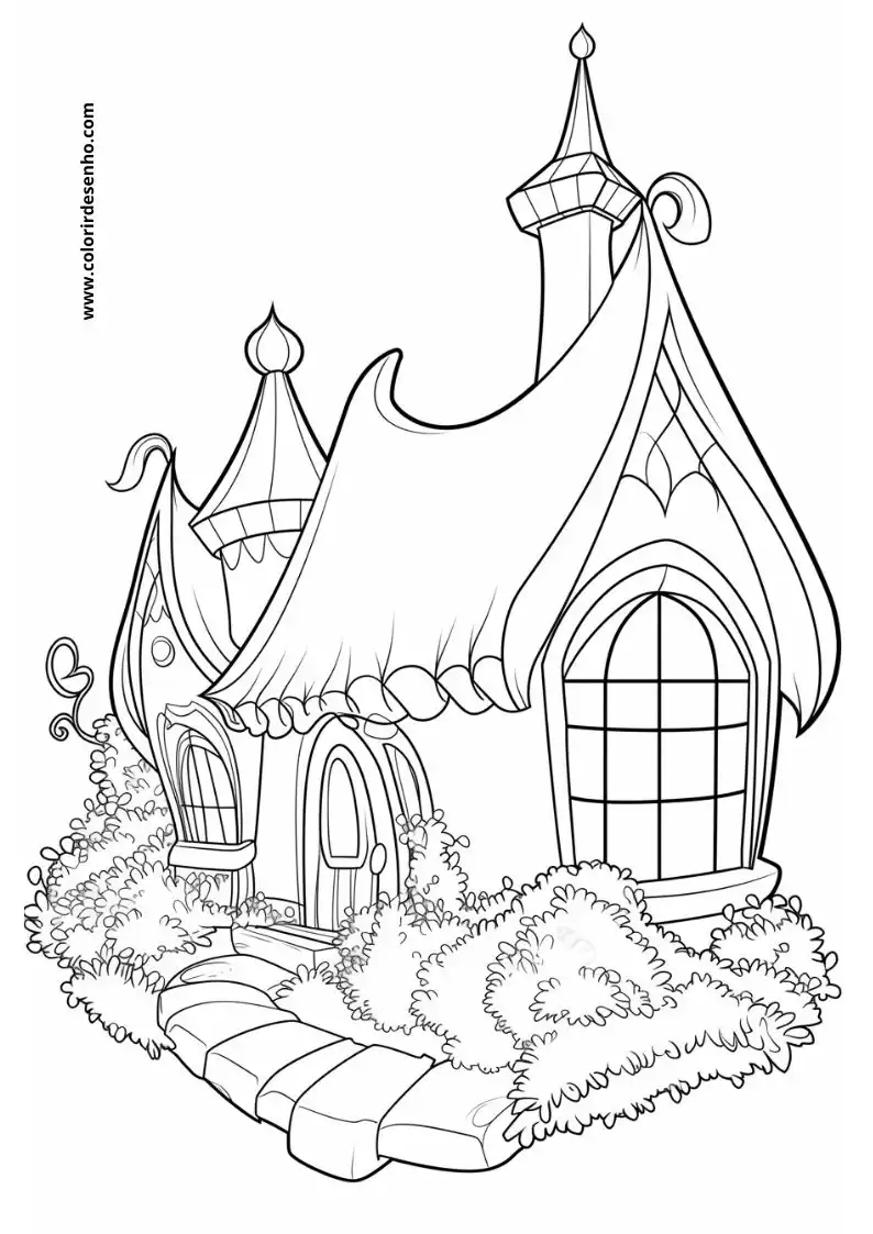 house has whimsical turrets and a quaint cottage appearance with decorative elements
