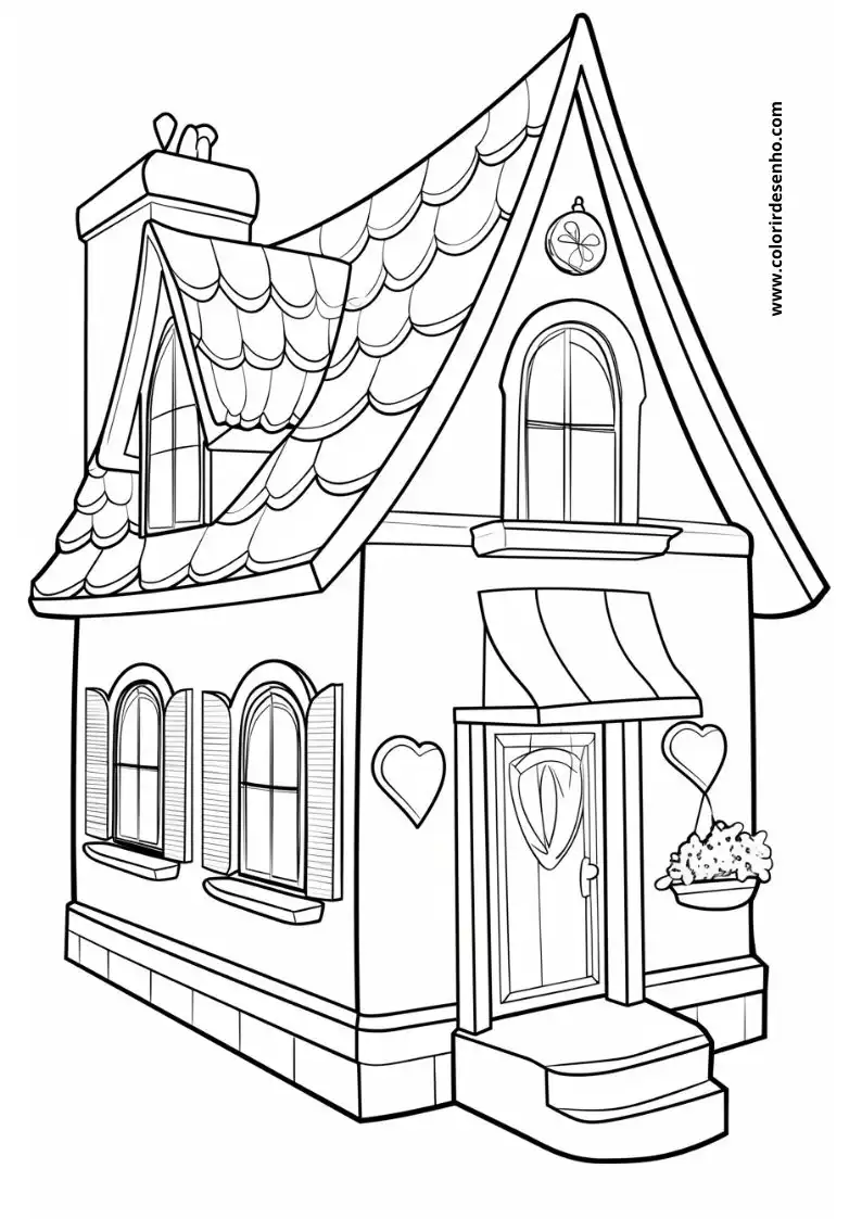 house is a quaint cottage with a heart shaped window and flower pot