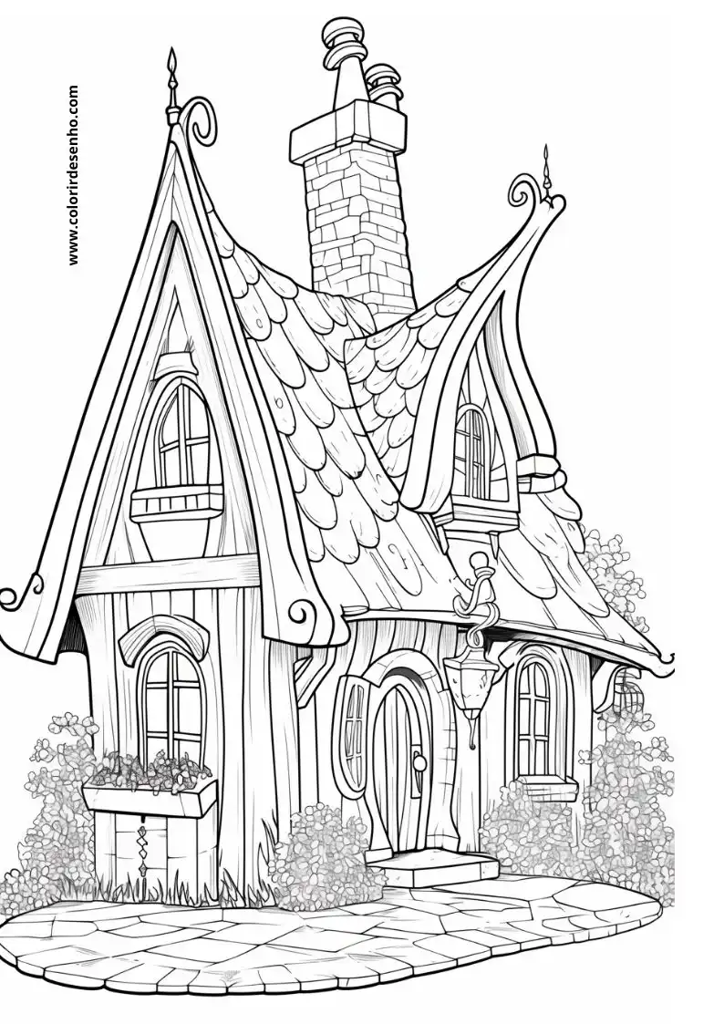 house is a quaint cottage with a pointed roof and a chimney it has