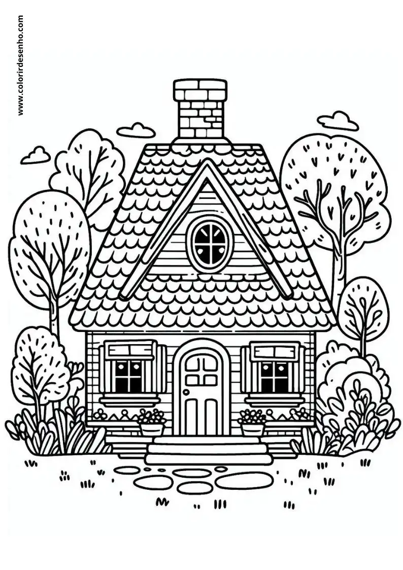 house is a quaint cottage with a tiled roof and chimney surrounded by trees