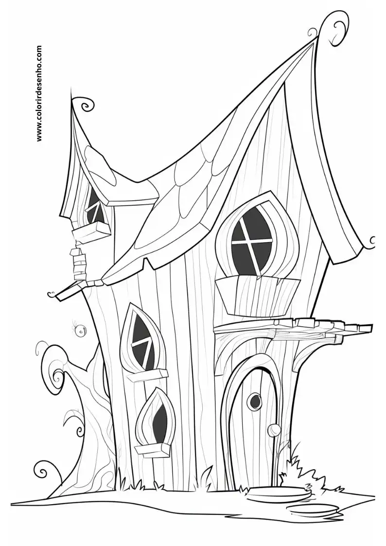house is a whimsical tree house with an arched entrance and a spiral staircase
