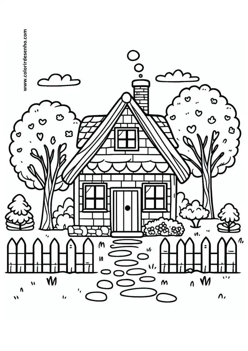 house is small and quaint with a thatched roof and chimney surrounded by trees