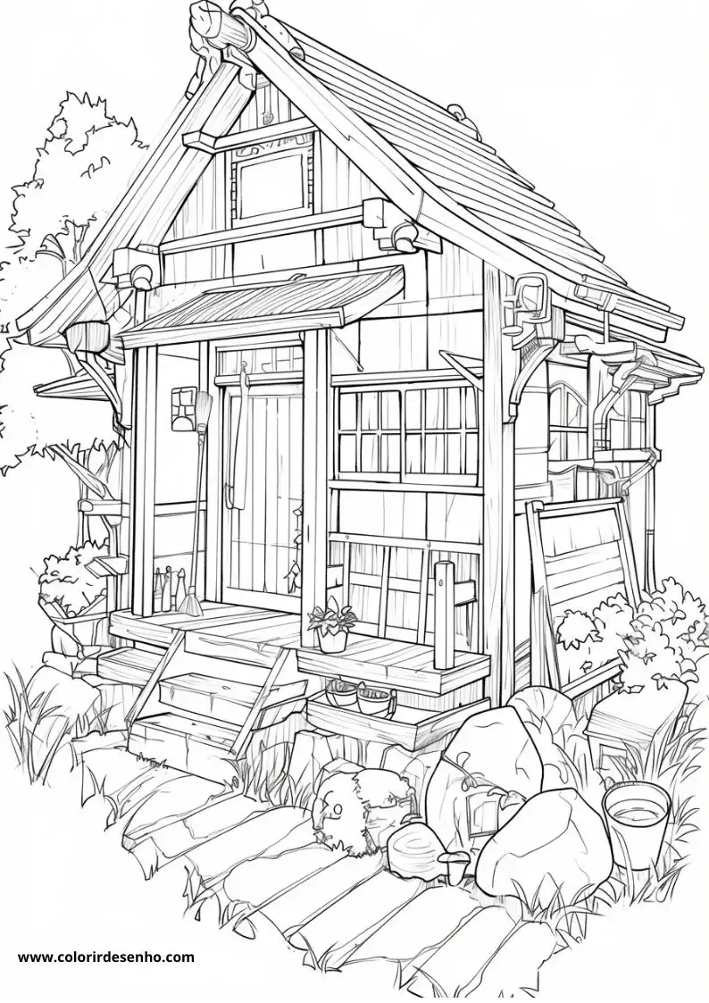 house standing in a garden with plants and tools around it