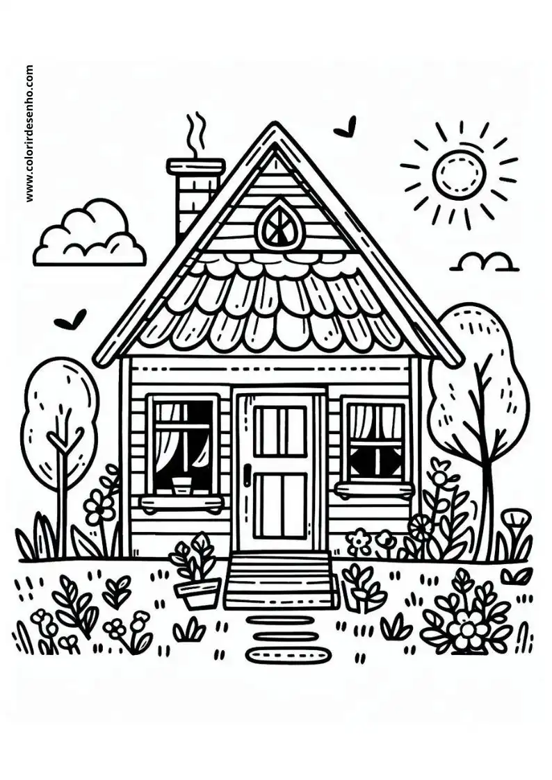 house standing in garden with sun and clouds