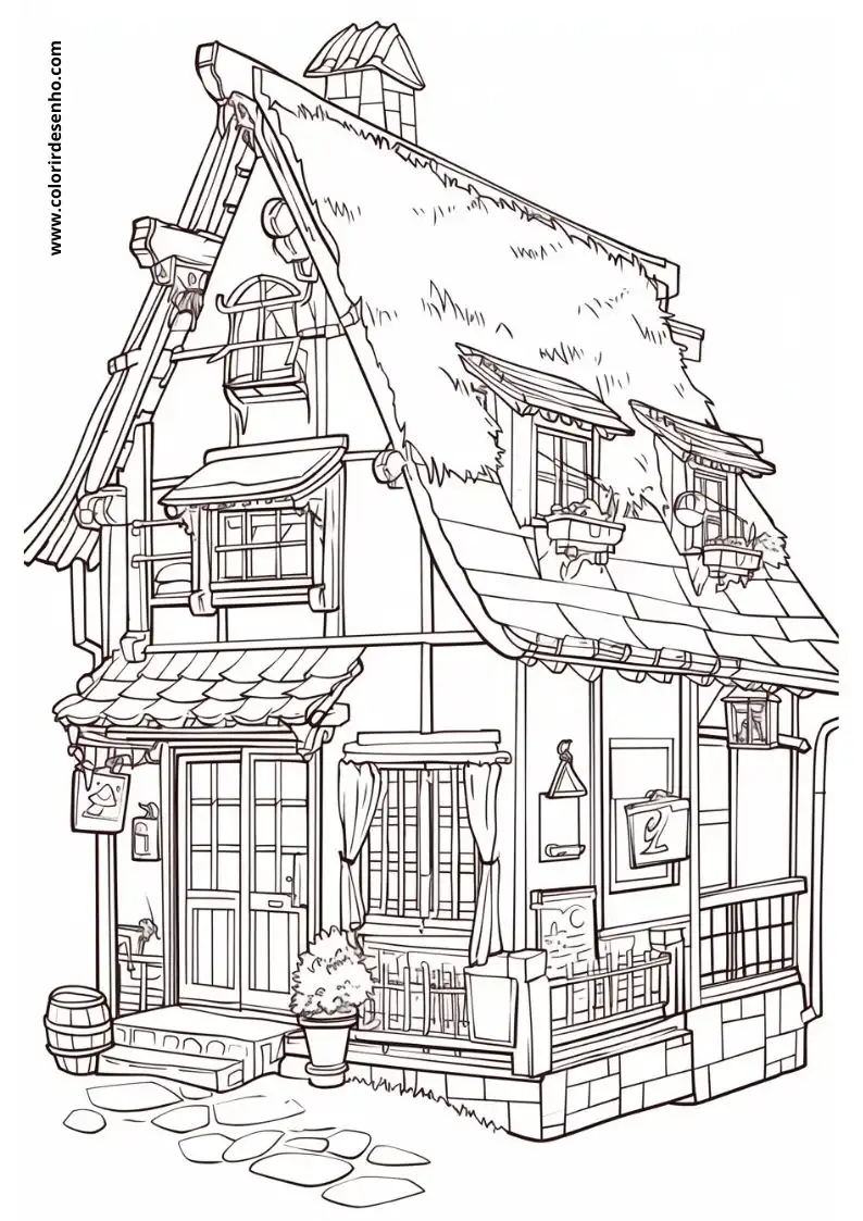 house standing on a cobblestone street surrounded by trees and bushes