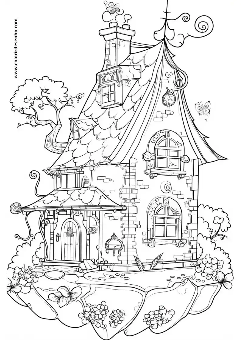 house standing on a hill surrounded by trees and flowers