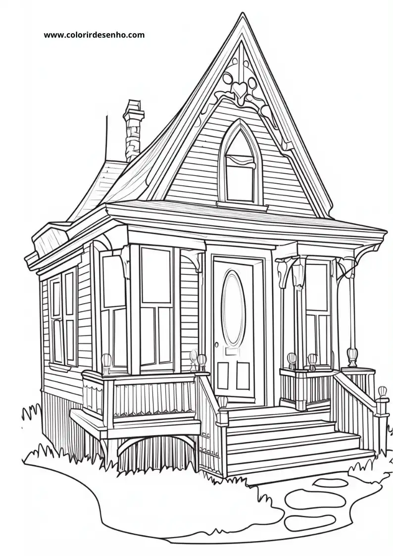 house standing on grassy lawn small porch with steps and railing decorative roofline chimney
