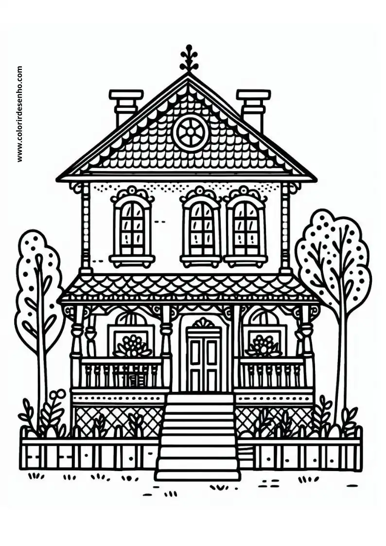 house stands in garden with trees and fence