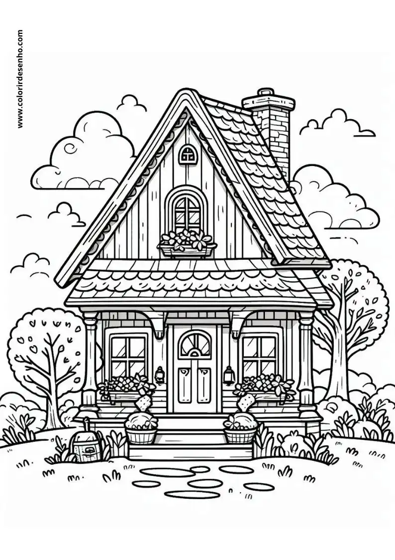 house stands on grass with flowers in pots and a pond nearby