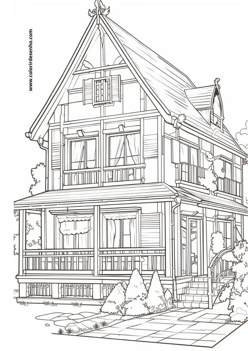 house stands tall in garden windows framed roof steep and pointed trees nearby