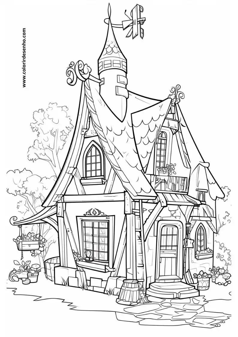 house stands tall with a pointed roof and flag on top