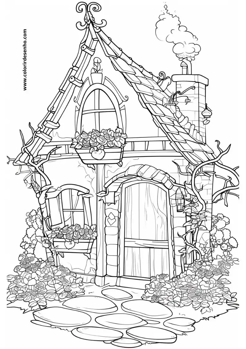 house stands whimsically adorned with flowers and vines surrounded by a pond