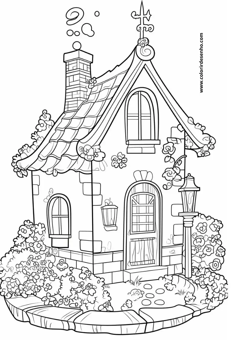 house stands whimsically adorned with flowers on its roof and chimney