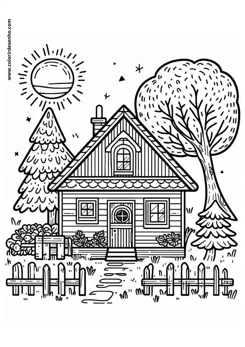 house surrounded by trees and a fence in front of it