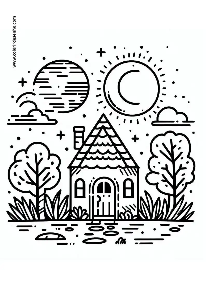 house surrounded by trees and a pond under a moonlit sky