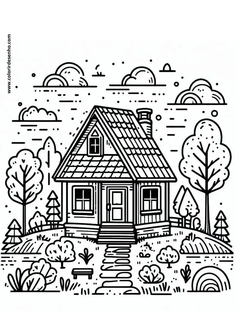 house surrounded by trees and a rainbow in the sky