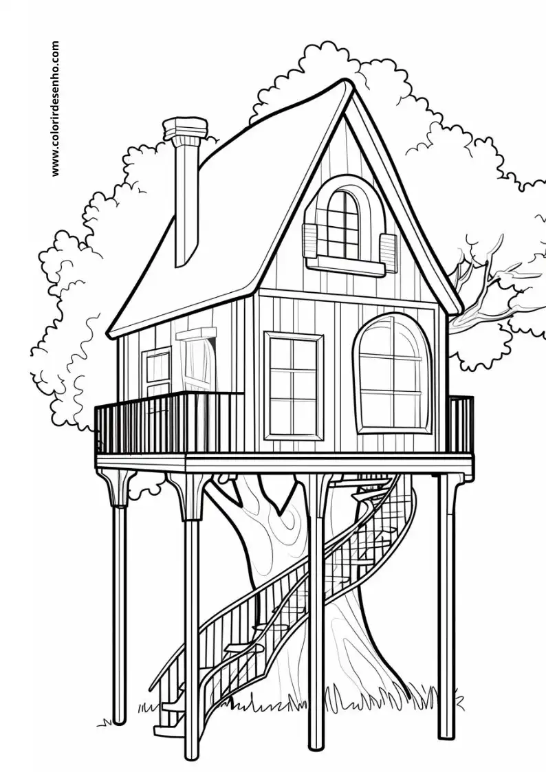 house treehouse on stilts with spiral staircase and attic windows