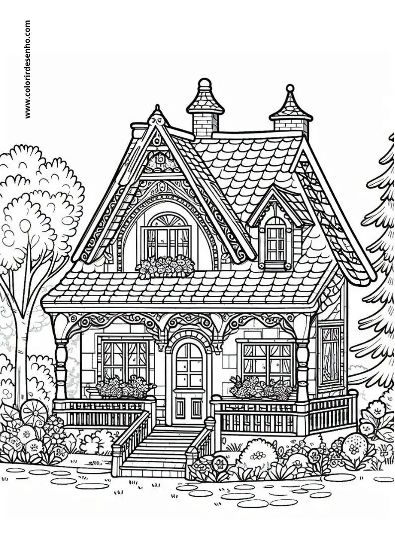 house victorian cottage with a pond and trees in front