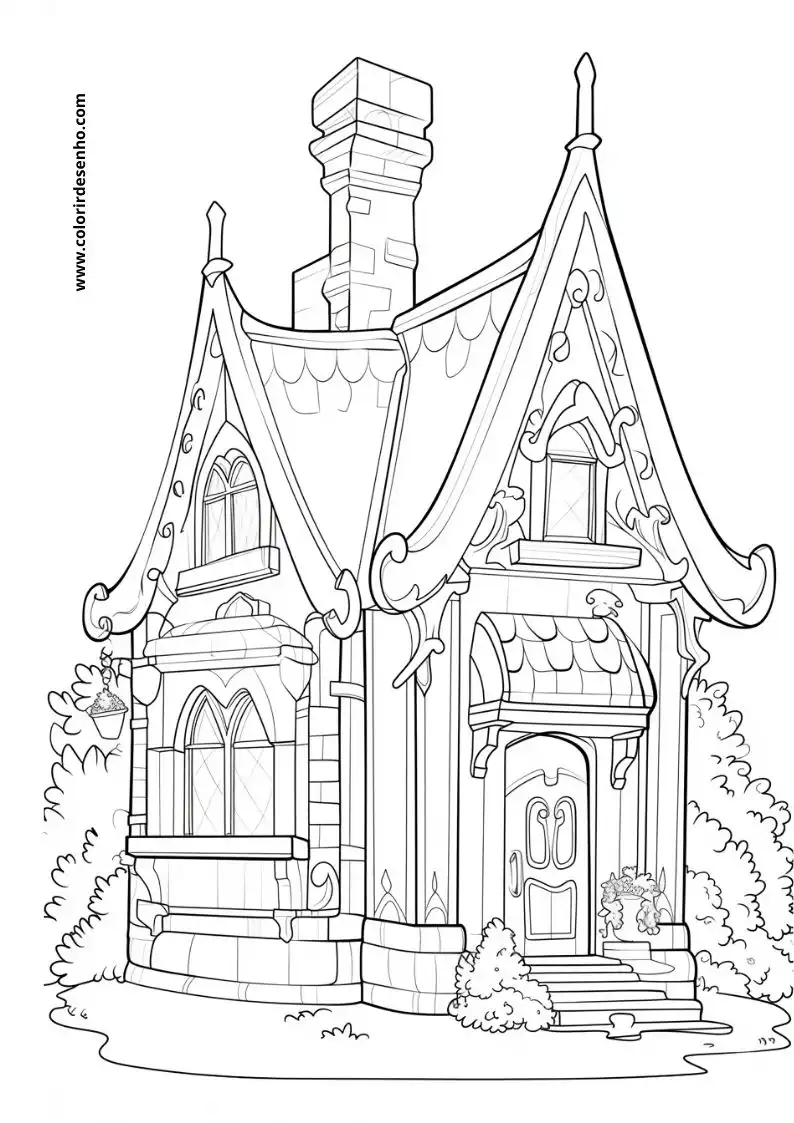 house victorian style house with ornate roof and chimney surrounded by bushes