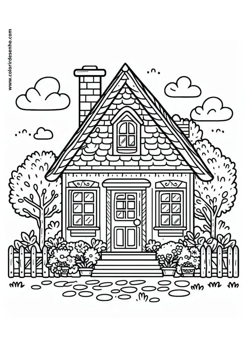 house with a chimney and windows in garden setting