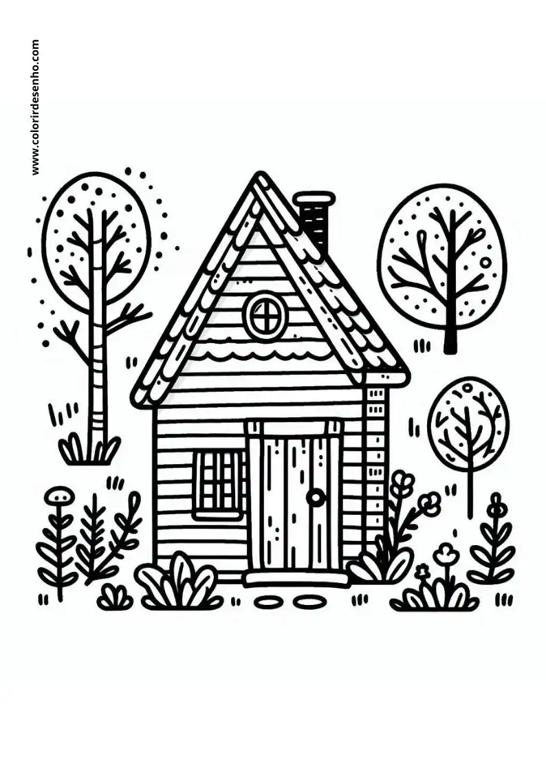 house with a pointed roof and chimney encircled by trees and flowers