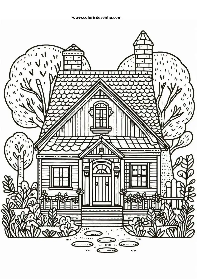 house with a pointed roof and chimney surrounded by trees and blossoms
