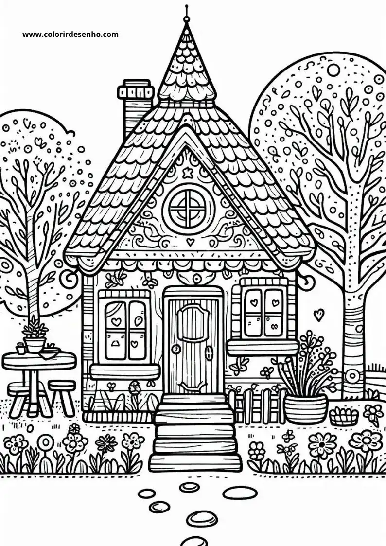 house with a pointed roof and chimney surrounded by trees and flowers