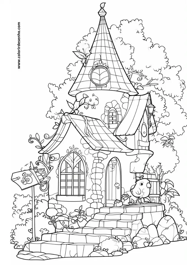 house with a pointed roof and clock tower in garden setting