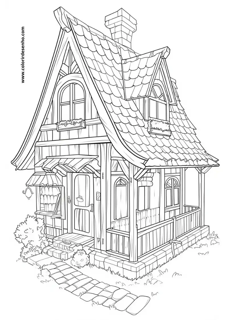 house with a triangular roof and wooden porch house has a chimney on top