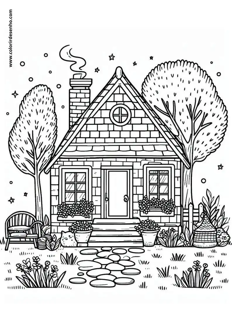 house with chimney and smoke coming out trees in front garden with flowers