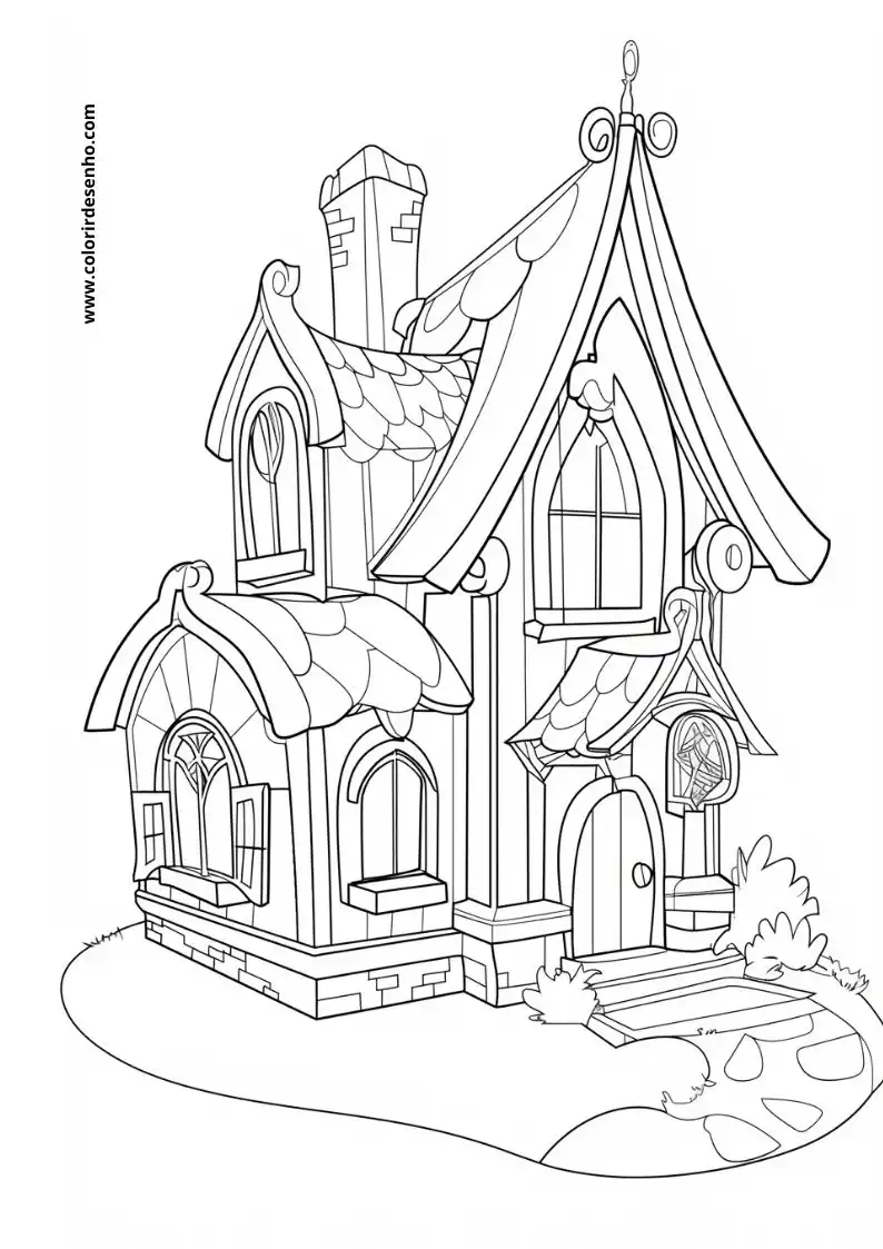 house with pointed roof and chimney stands near pond