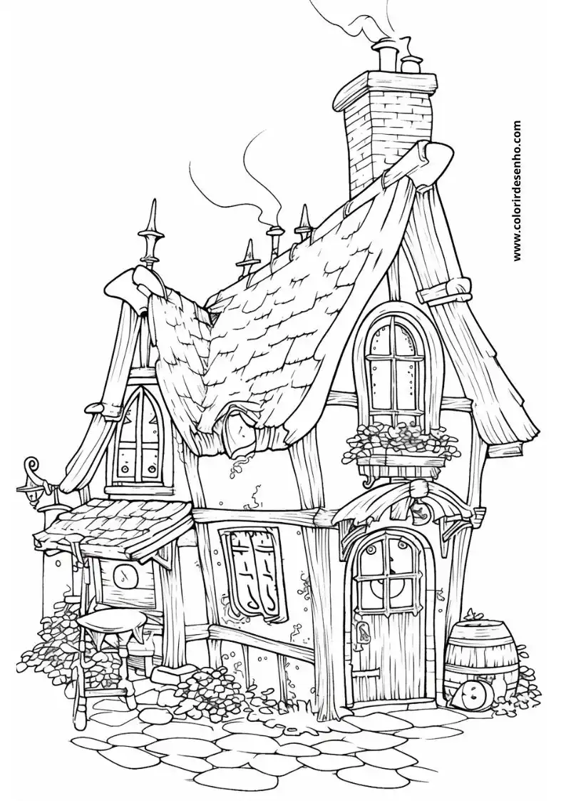 house with thatched roof and chimney smoking