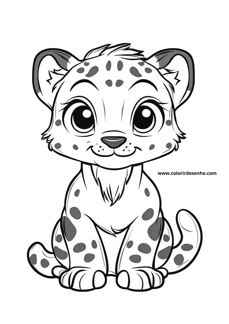 jaguar cub sitting straight with big eyes and spots on body tail curled up
