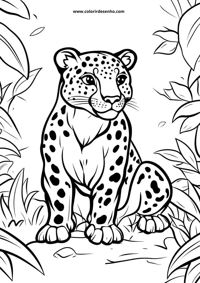 jaguar cub sitting upright in jungle with spots on body tail curled up
