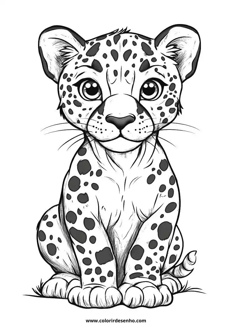 jaguar cub sitting upright on all fours looking playful with big eyes and spots