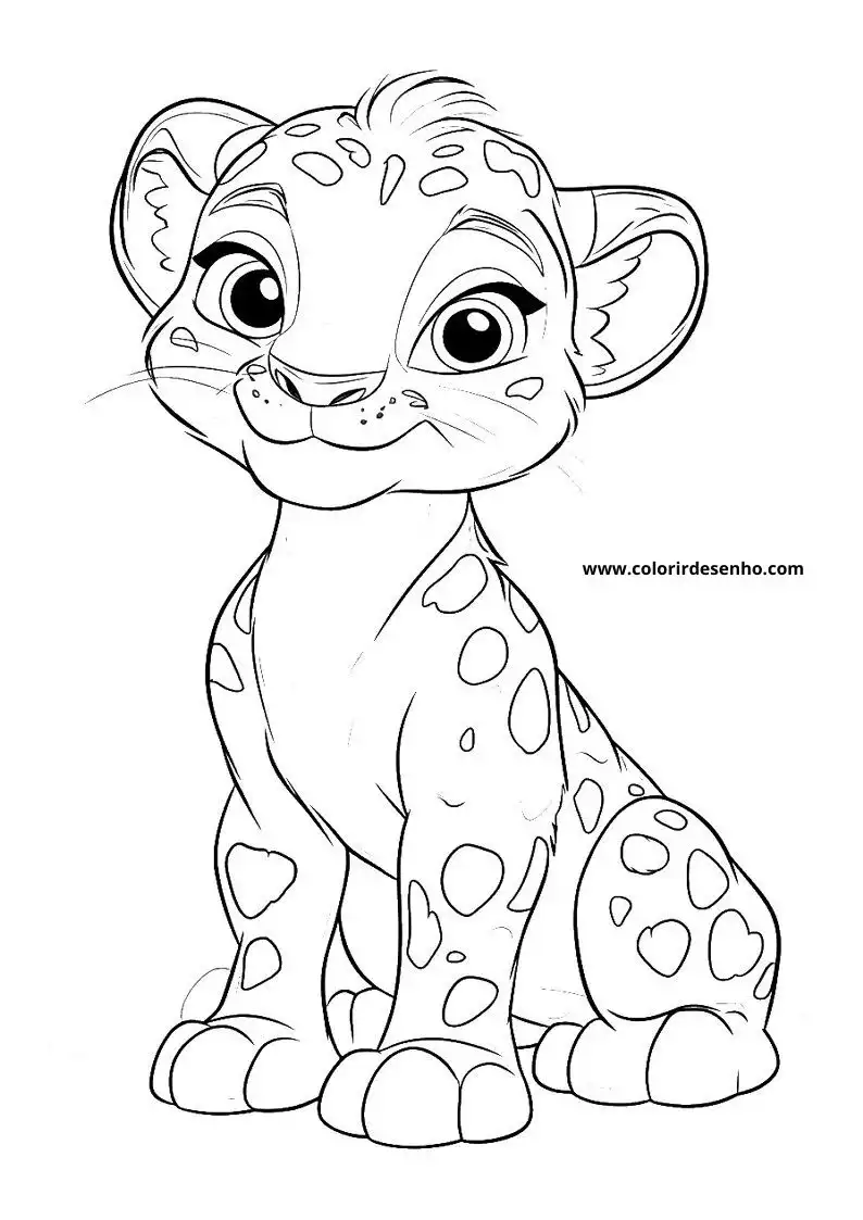 jaguar cub sitting upright with big eyes and spots on body tail coiled up
