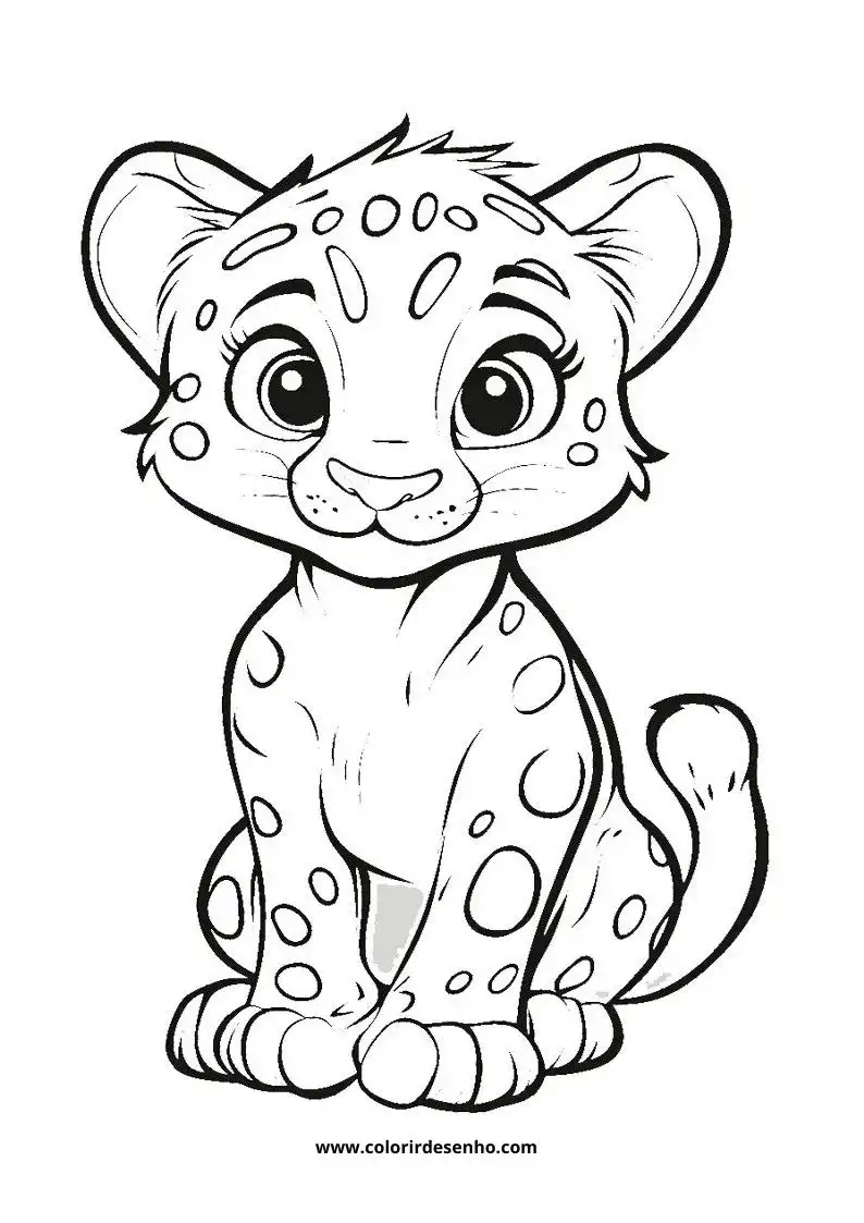 jaguar cub sitting upright with big eyes and spots on body tail curled up
