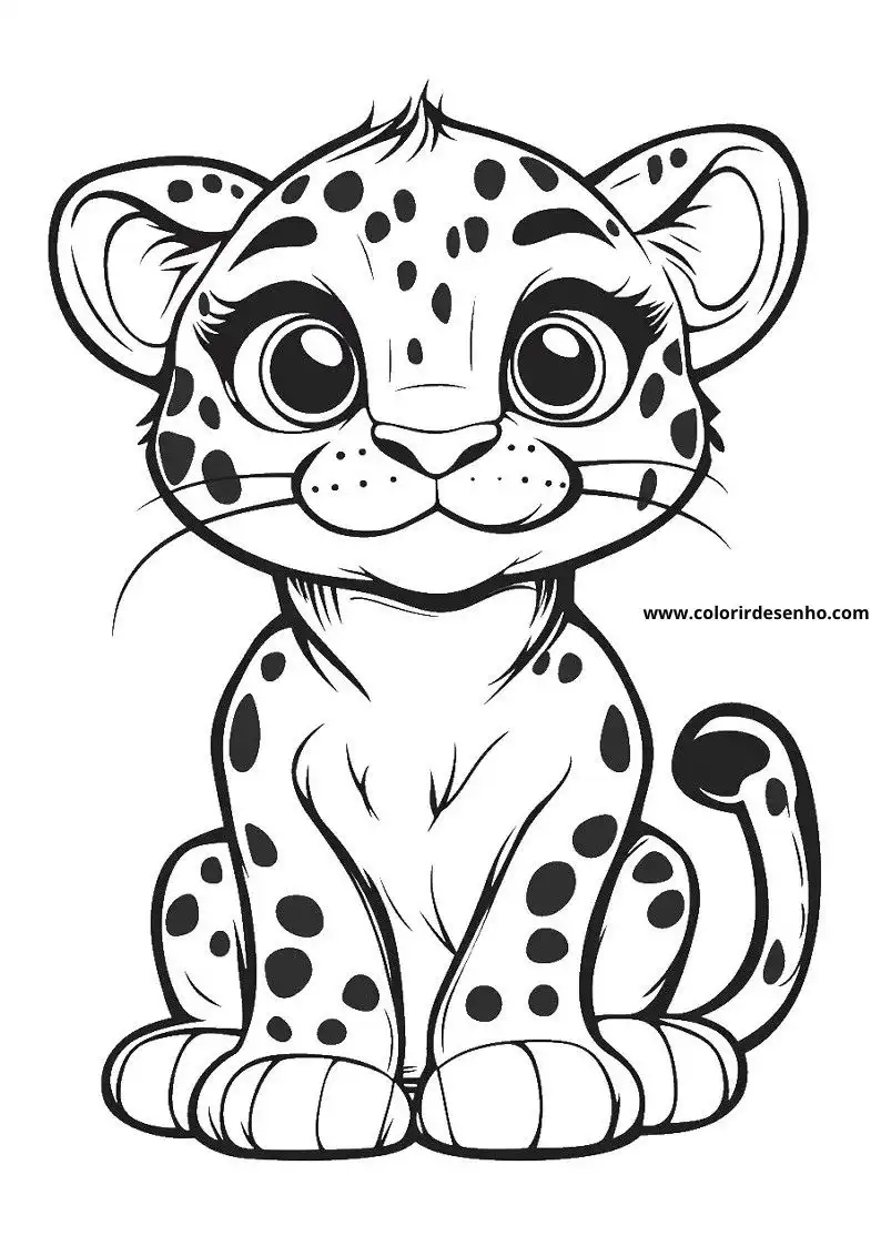 jaguar cub sitting upright with big eyes and spots on body tail curved up