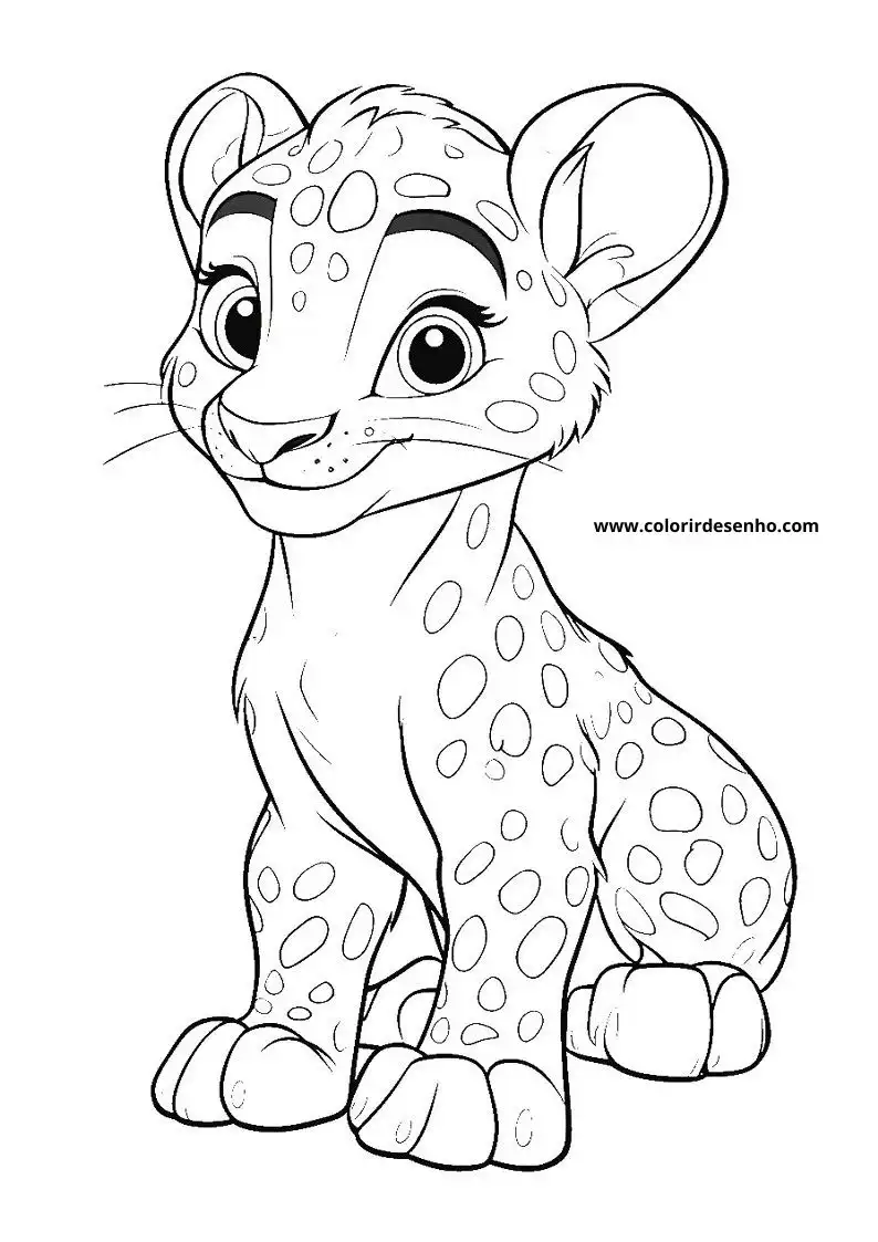 jaguar cub sitting upright with large eyes and spots on body tail coiled up
