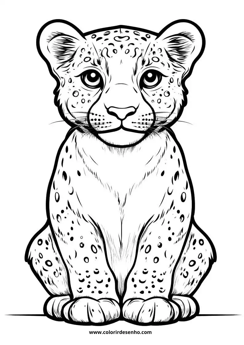jaguar cub sitting upright with round spots on body and face tail curled around