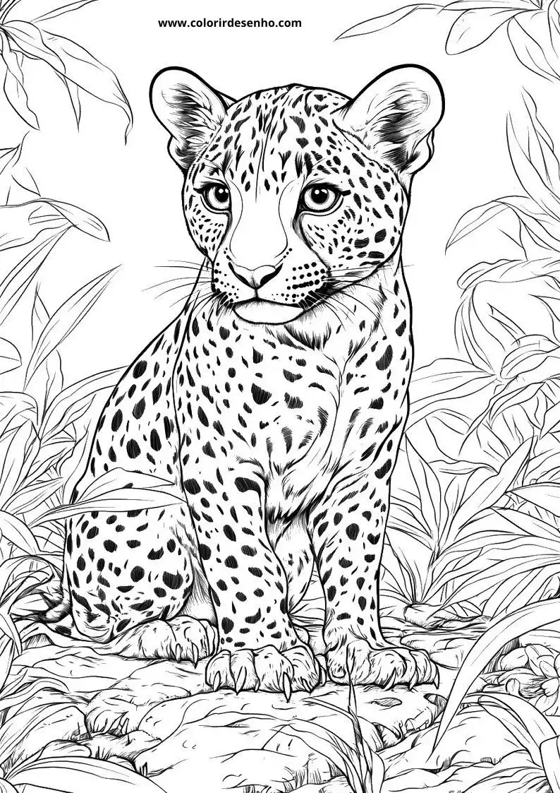jaguar cub standing alertly on a rock among jungle foliage
