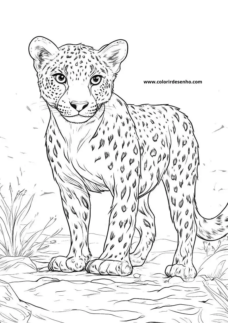 jaguar cub standing tall on all fours in grassy terrain eyes focused ahead