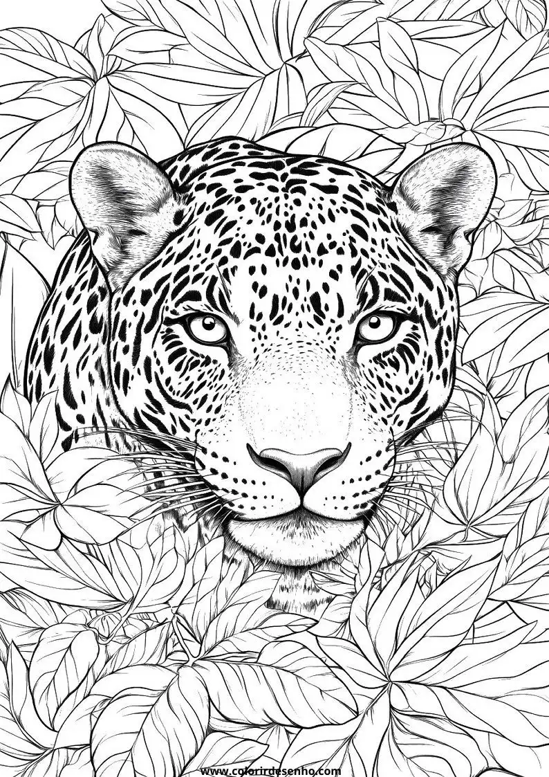 jaguar peeking through jungle leaves