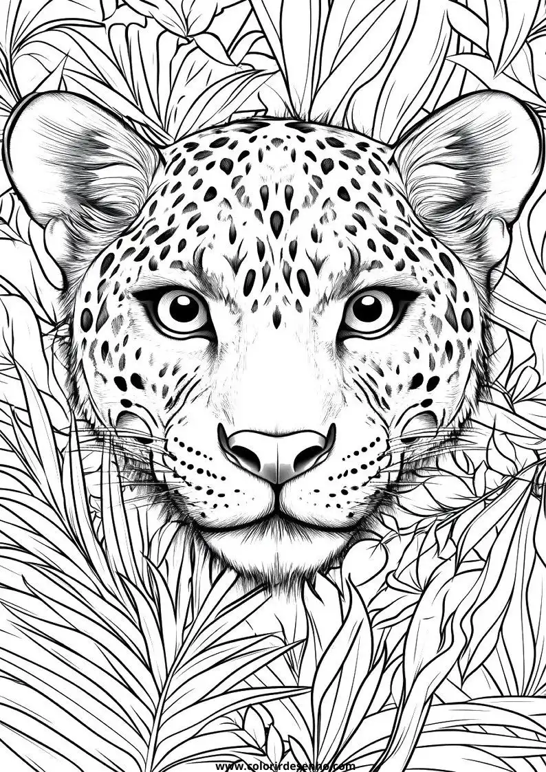 jaguar peers through jungle foliage in intricate