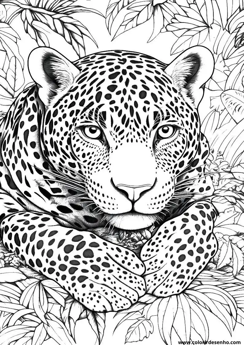 jaguar resting amidst lush foliage with piercing gaze
