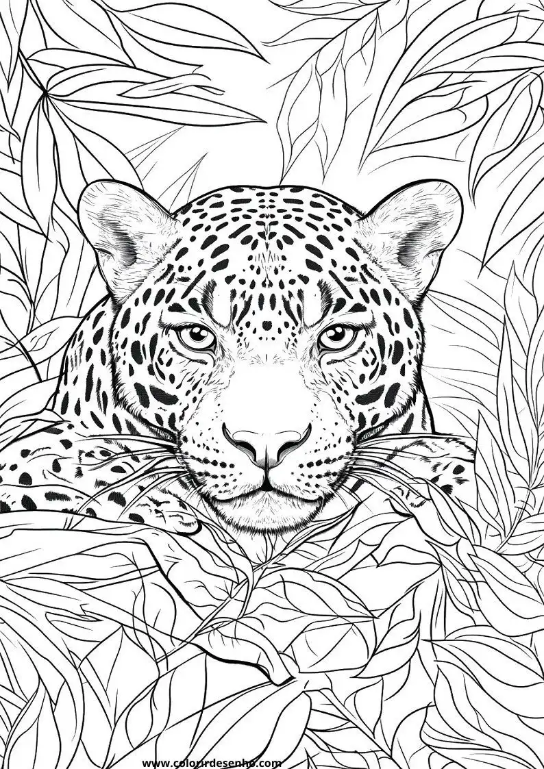 jaguar resting among jungle leaves