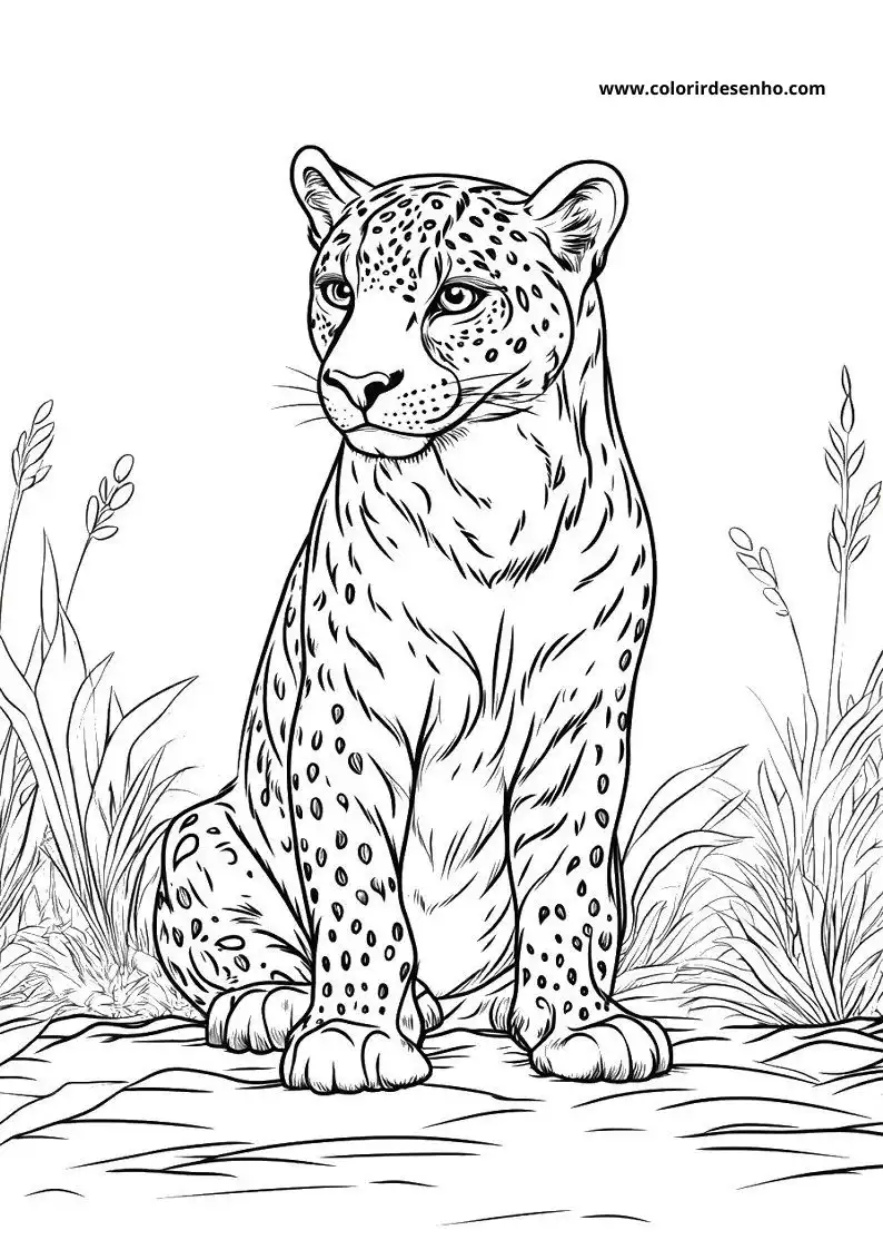 jaguar sitting alertly in grass with spotted fur looking around