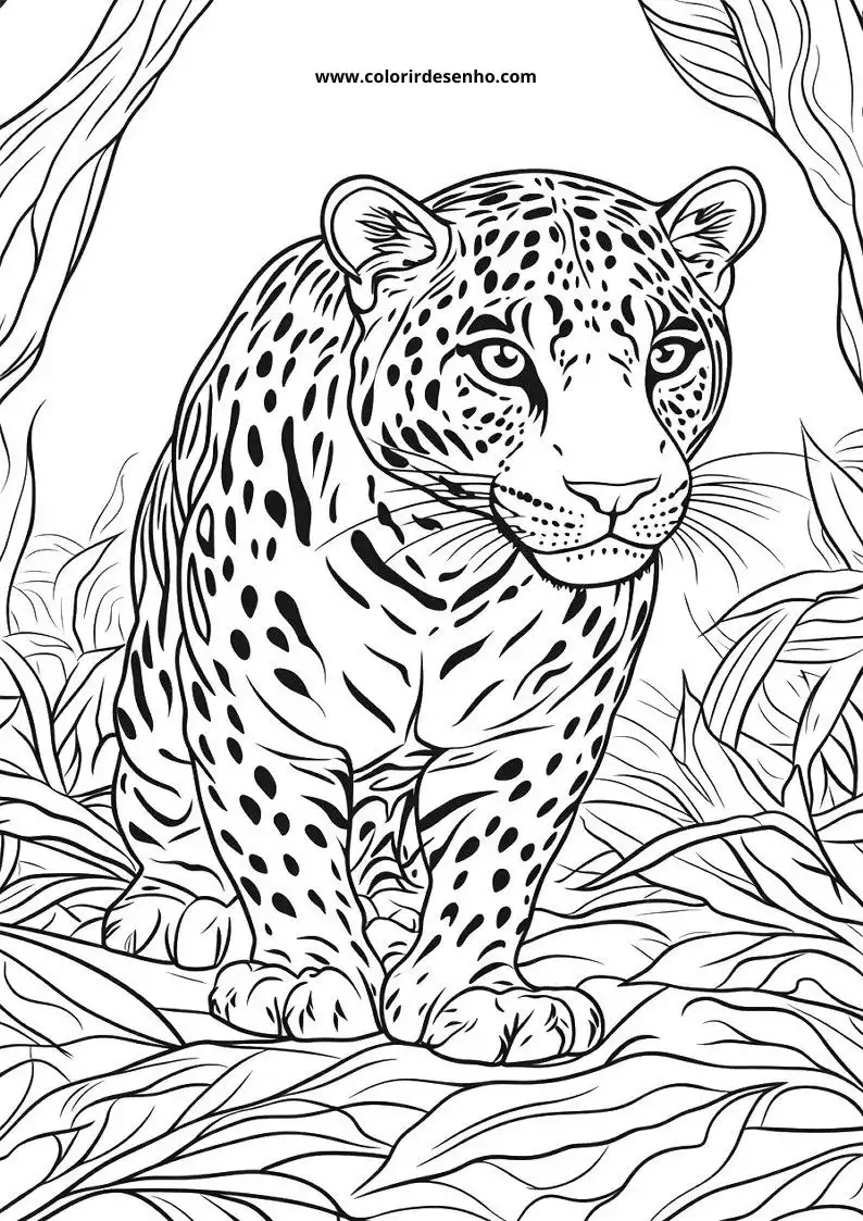 jaguar sitting alertly in jungle foliage